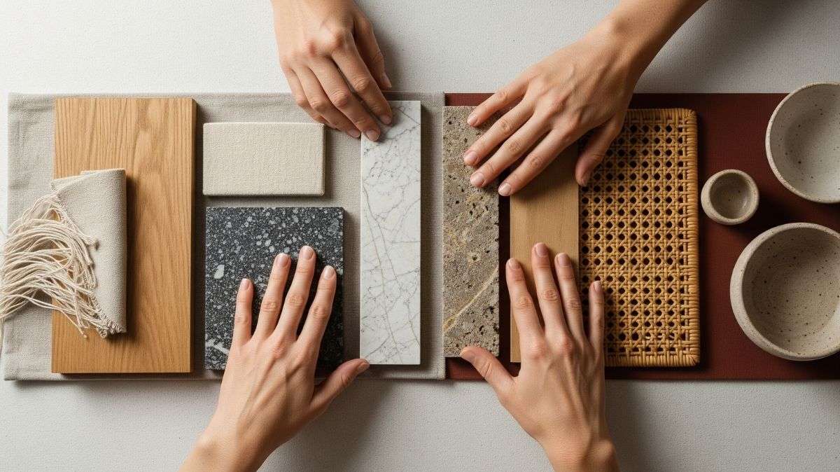 Hand touching surfaces of wood, stone and natural fabrics on an eco-designed workbench