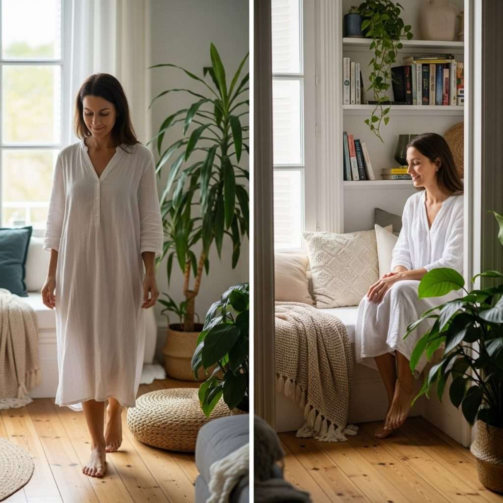Woman sitting in a warm corner with natural light, surrounded by plants and organic materials in a wellness space.