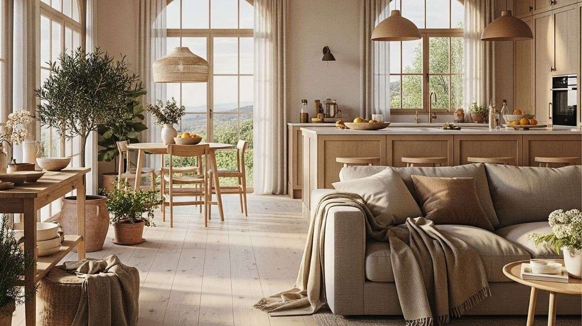 Modern living room with large windows, natural materials and plants that transmit calm and connection with nature.